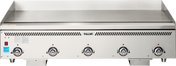A large stainless steel Heavy Duty Griddle with four control knobs and indicator lights on the front panel. The spacious flat surface is ideal for cooking multiple foods, and Vulcan’s name is centered above the controls on this countertop gas griddle.