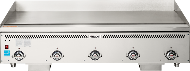 The Vulcan VCCG60-IC_LP is a heavy duty griddle with four control knobs and indicator lights. This gas countertop griddle features a large stainless steel surface, raised edge, industrial design, and rear backsplash for efficient commercial use.