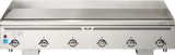 A large, stainless steel countertop gas griddle with five control knobs along the front panel, a flat cooking surface on top, raised side and back edges, ventilation slots, and a red power switch. The Vulcan brand is centered above the knobs.