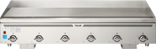 A large, stainless steel countertop gas griddle with five control knobs along the front panel, a flat cooking surface on top, raised side and back edges, ventilation slots, and a red power switch. The Vulcan brand is centered above the knobs.