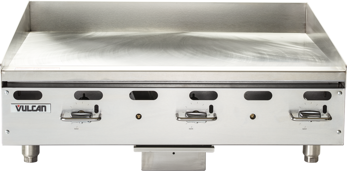 A Vulcan 36 inch stainless steel commercial griddle with three dial-controlled burners. The clean, flat, and spacious surface cooks multiple items at once. The Vulcan logo is visible on the left side. Includes a sturdy mounting frame for stability.