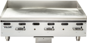 A Vulcan 36 inch stainless steel commercial griddle with three dial-controlled burners. The clean, flat, and spacious surface cooks multiple items at once. The Vulcan logo is visible on the left side. Includes a sturdy mounting frame for stability.