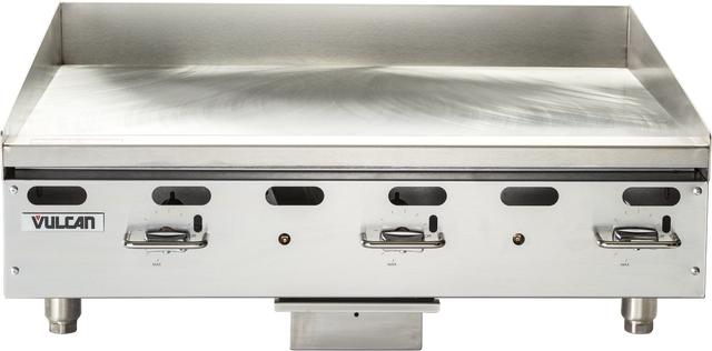 A Vulcan 36 inch stainless steel commercial griddle with three dial-controlled burners. The clean, flat, and spacious surface cooks multiple items at once. The Vulcan logo is visible on the left side. Includes a sturdy mounting frame for stability.