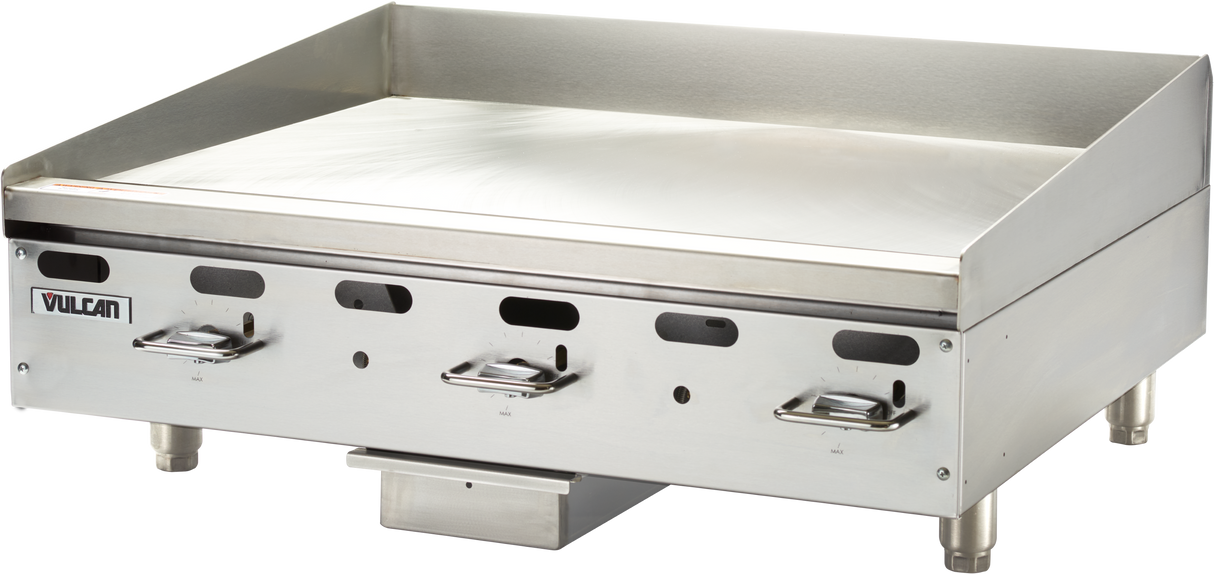 A 36 inch Vulcan stainless steel commercial countertop griddle with three control knobs, raised side and back splashes, short legs, and a flat cooking surface, designed for cooking large quantities of food in restaurant kitchens.