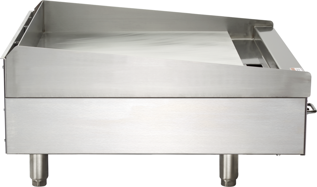 A large, industrial Vulcan stainless steel griddle with a 36 inch flat cooking surface, raised back and side splashes, four sturdy legs, and a control handle on the right side; photographed against a white background.