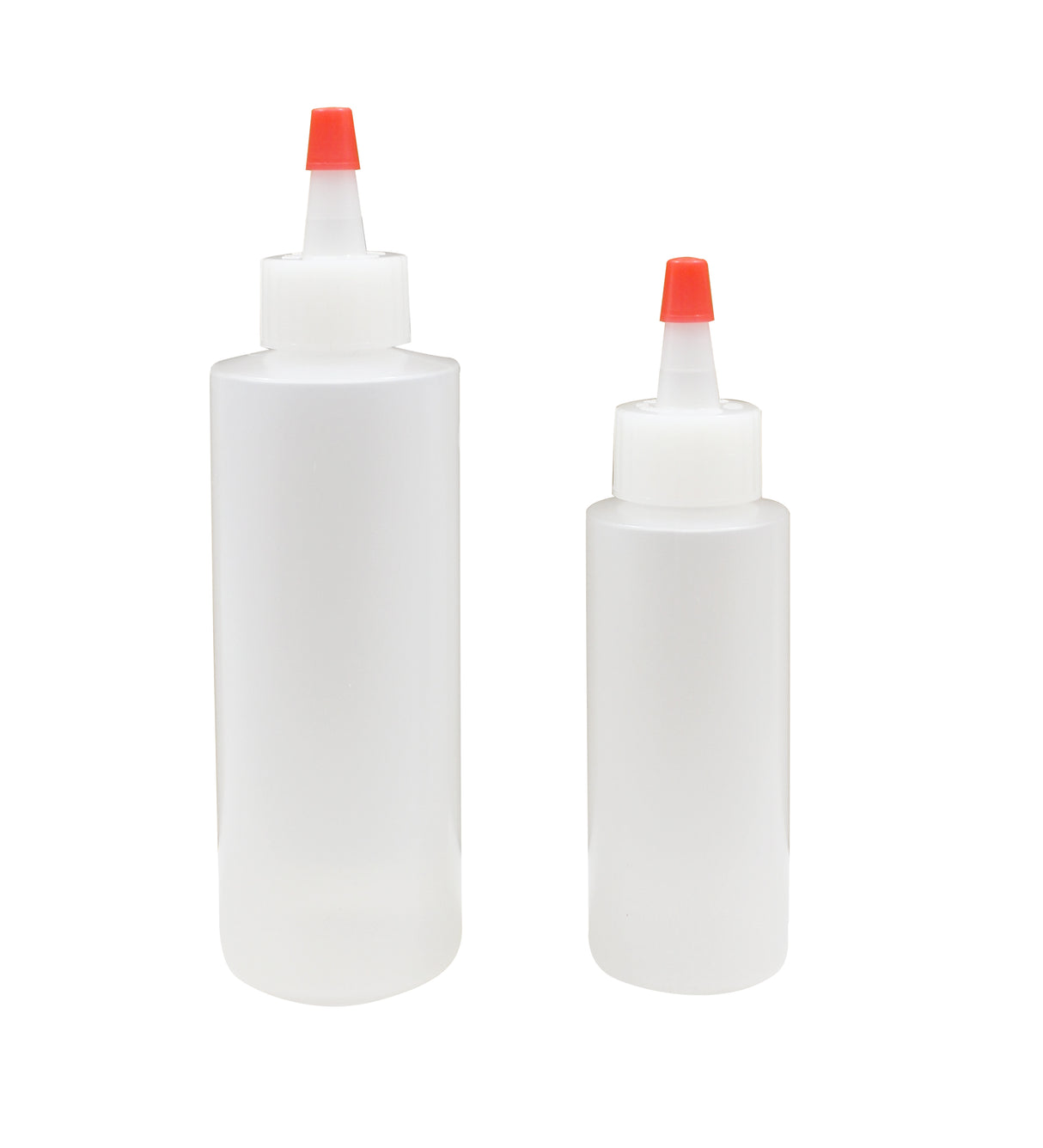 This TableCraft Chef Squeeze Bottle Set features two clear, dishwasher safe bottles with white caps and red pointed tips, standing upright. The larger and smaller bottles are both empty against a plain white background.