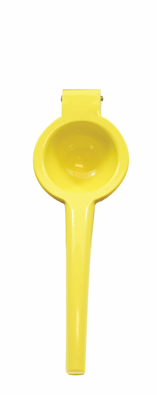 A bright yellow TableCraft Citrus Hand Squeezer made from durable zinc alloy, with a long handle and a round, concave pressing bowl, shown closed and viewed from above on a white background.