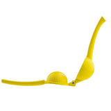 A bright yellow citrus hand squeezer, shown open. Made from coated zinc alloy, one half is ridged for pressing and the other is a curved bowl with holes for juice to flow through. The handles are extended in a V-shape against a plain white background.