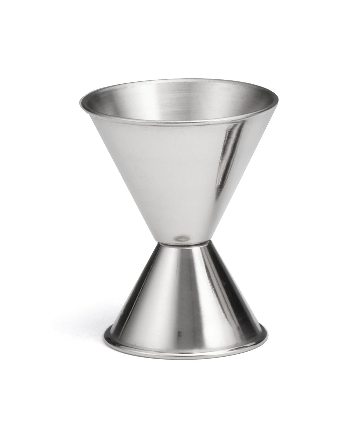 A stainless steel jigger with two conical measuring cups joined at the base, one larger and one smaller, designed for measuring spirits or cocktail ingredients. The smooth, reflective surface is dishwasher safe. The background is plain white.