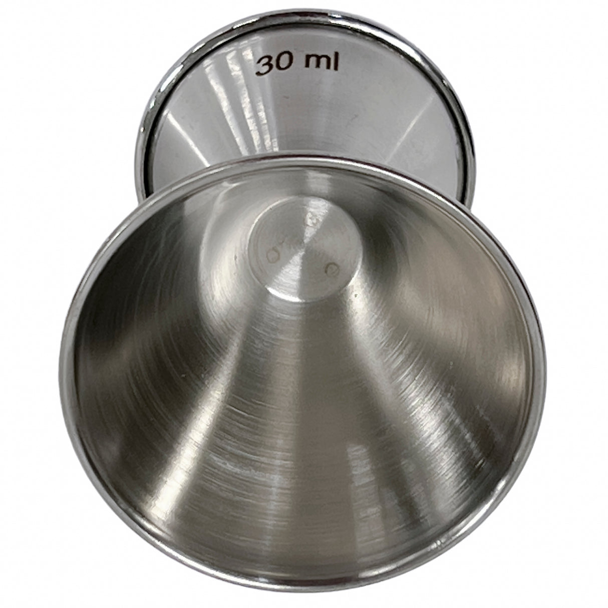 A stainless steel jigger viewed from above, showing its two different-sized measuring sides. The top side is marked with 30 ml inside, both sides feature a brushed metal texture, and the jigger is dishwasher safe for easy cleaning.