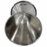 A stainless steel jigger viewed from above, showing its two different-sized measuring sides. The top side is marked with 30 ml inside, both sides feature a brushed metal texture, and the jigger is dishwasher safe for easy cleaning.
