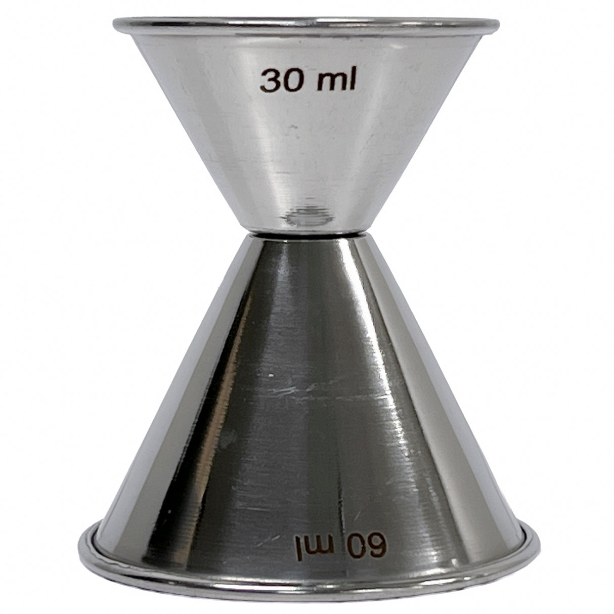 A stainless steel, double-sided jigger with shiny, reflective surface features two conical measuring cups labeled 30 ml and 60 ml. Durable and dishwasher safe, it’s perfect for precise liquid measurements.