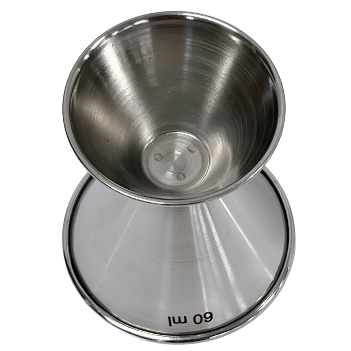 A stainless steel double-sided jigger for measuring liquids, shown from above and side. The top features a conical cup with a shiny, brushed finish, and the lower “60 ml” side is dishwasher safe for easy cleaning.
