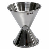 This stainless steel Cash & Carry Jigger features conical shapes on each end, with “60 ml” marked in red. Its shiny surface reflects light, and the jigger stands upright on a white background. Dishwasher safe for easy cleaning.