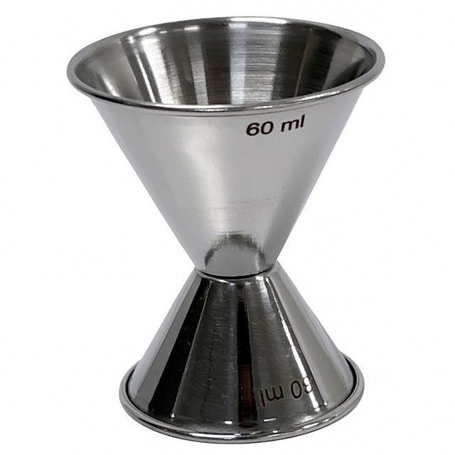 This stainless steel Cash & Carry Jigger features conical shapes on each end, with “60 ml” marked in red. Its shiny surface reflects light, and the jigger stands upright on a white background. Dishwasher safe for easy cleaning.