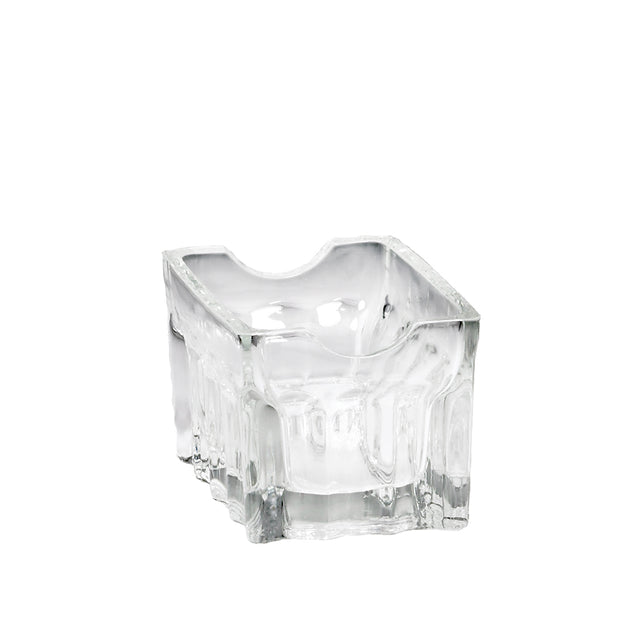 A clear, thick fluted glass ashtray with an irregular, sculpted surface and a square base. The upper rim features a curved notch for resting a cigarette. This dishwasher safe ashtray is empty and photographed against a plain white background.