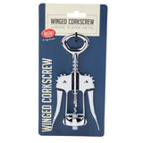 A chrome-plated TableCraft winged corkscrew with two arms, a turning handle, and a spiral tip is attached to blue cash & carry packaging labeled “WINGED CORKSCREW.”.