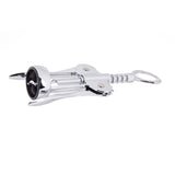 A TableCraft winged corkscrew with a spiral screw, circular handle, and two lever arms lies horizontally on a white background. This shiny silver tool, ideal for cash & carry, is perfect for easily opening wine bottles.