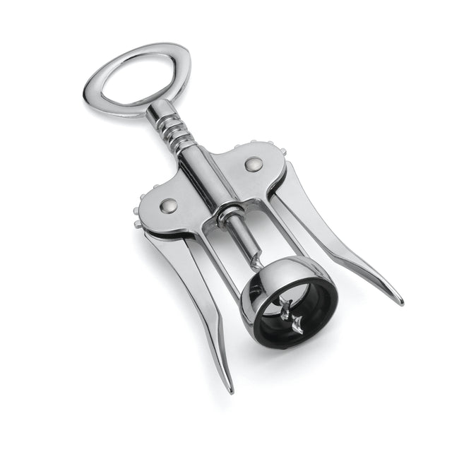 A shiny TableCraft Winged Corkscrew with two arms and an oval handle lies on a white background. The base is circular with the screw at the center—a classic tool, perfect for Cash & Carry or home use.