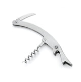 A dishwasher safe waiter's corkscrew made of stainless steel, featuring an unfolded worm, lever, and a small curved knife for cutting foil, displayed against a white background.