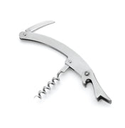 A dishwasher safe waiter's corkscrew made of stainless steel, featuring an unfolded worm, lever, and a small curved knife for cutting foil, displayed against a white background.
