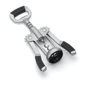 A silver winged Premium Corkscrew with black rubber grips on the handle and wings, lying on a white background. The corkscrew’s spiral is visible in the center, and the arms are positioned downward.