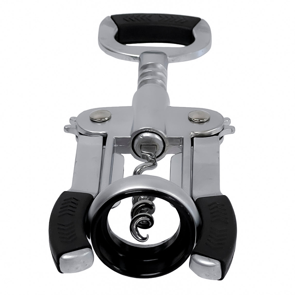 A close-up of a TableCraft Products Premium Corkscrew with black plastic grips and handle, viewed from the front. The spiral screw and circular collar are centered, with two levers on either side, ready for opening a bottle.