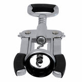 A close-up of a TableCraft Products Premium Corkscrew with black plastic grips and handle, viewed from the front. The spiral screw and circular collar are centered, with two levers on either side, ready for opening a bottle.
