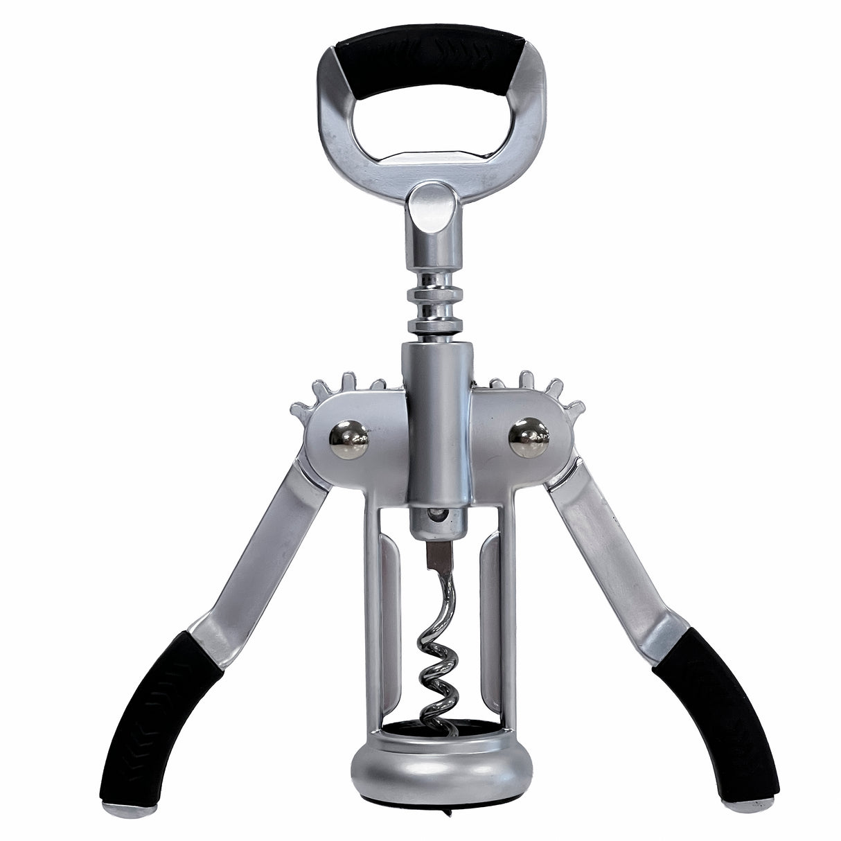 A TableCraft Products Premium Corkscrew with silver wings and black handles stands upright against a white background. The central screw and bottle opener top are visible, with both levers extended outward like arms.