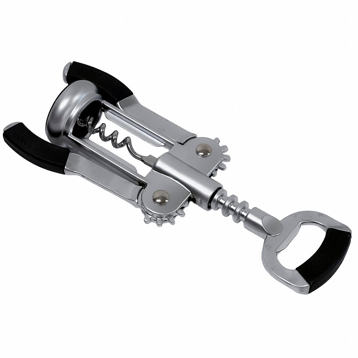 A premium corkscrew from TableCraft Products, this metal wing corkscrew with black handles features two levers and a rounded grip for effortless uncorking. It’s perfect for Cash & Carry or home use, displayed here on a white background.