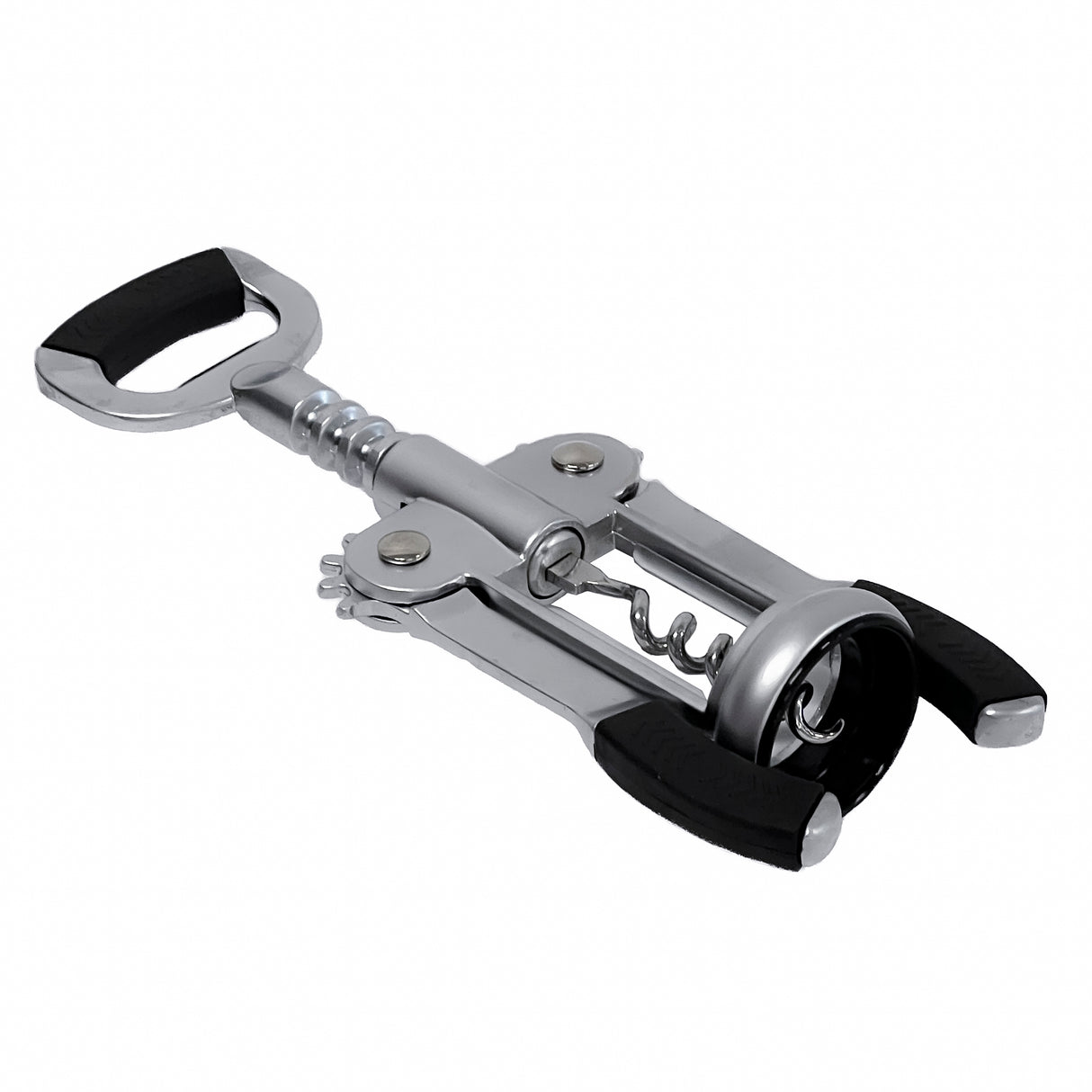 A Premium Corkscrew by TableCraft Products with a black handle and wing grips rests on a white background. The spiral screw and double levers are clearly visible, making it easy to open wine bottles—perfect for Cash & Carry convenience.