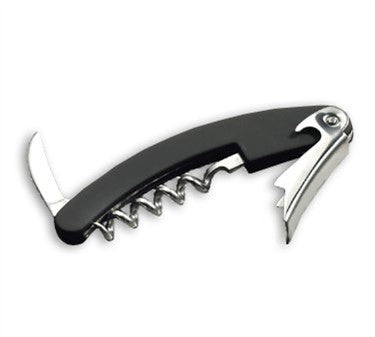 A black handle waiter's knife features a folded metal corkscrew spiral, a small folding knife blade on one end, and a bottle opener lever on the other. The tool is shown open, displaying all three functions.