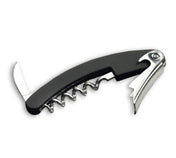 A black handle waiter's knife features a folded metal corkscrew spiral, a small folding knife blade on one end, and a bottle opener lever on the other. The tool is shown open, displaying all three functions.