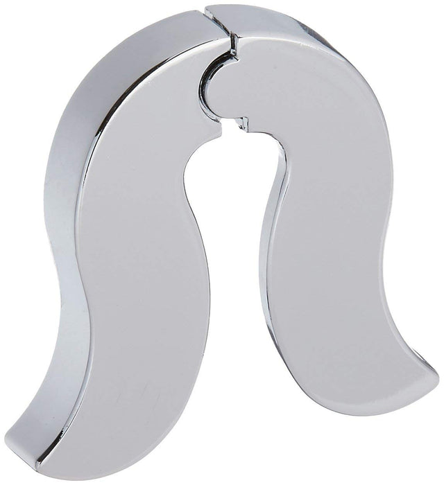A shiny, silver, curved object shaped like a horseshoe magnet, similar to a TableCraft Foil Cutter, with a small gap at the top center. The smooth, reflective surface stands upright on a white background.