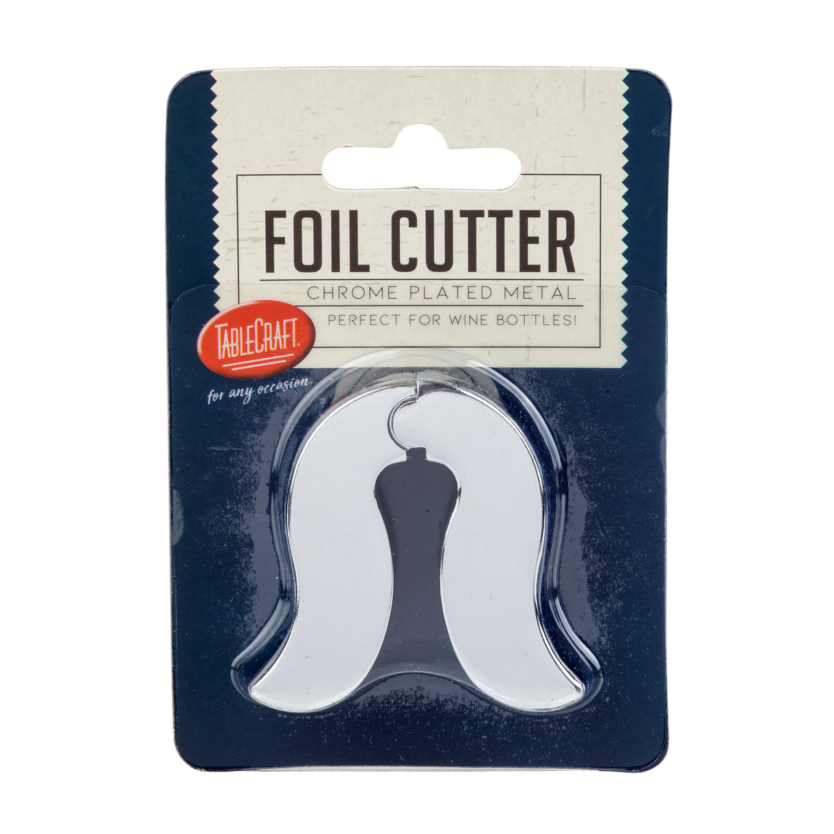 A chrome-plated TableCraft Foil Cutter in plastic packaging, labeled as perfect for wine bottles. The rounded arch design with curved arms is displayed on a dark blue card—ideal for Cash & Carry and ready to use.