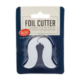 A chrome-plated TableCraft Foil Cutter in plastic packaging, labeled as perfect for wine bottles. The rounded arch design with curved arms is displayed on a dark blue card—ideal for Cash & Carry and ready to use.