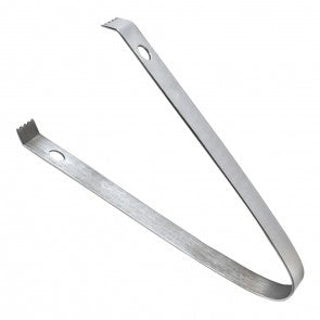 A stainless steel hive tool with a bent, V-shaped design, flat ends—one slightly curved—both ends featuring serrated edges and holes. Durable and dishwasher safe, it’s ideal in beekeeping for prying, scraping, and handling frames in a beehive.