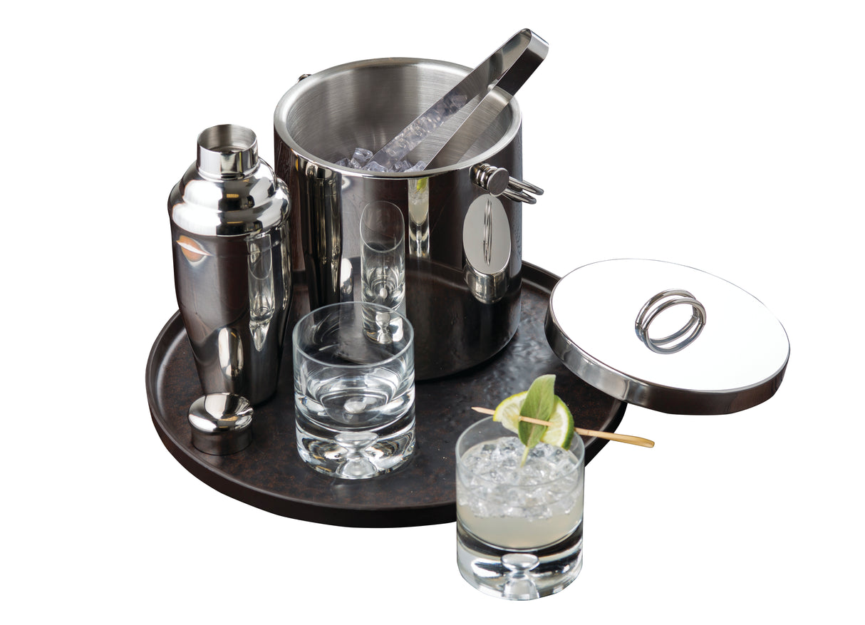 A round tray holds a stainless steel cocktail shaker, an ice bucket with dishwasher safe ice tongs and lid, plus two glasses—one with ice, the other with a cocktail garnished with lime—all set against a white background.