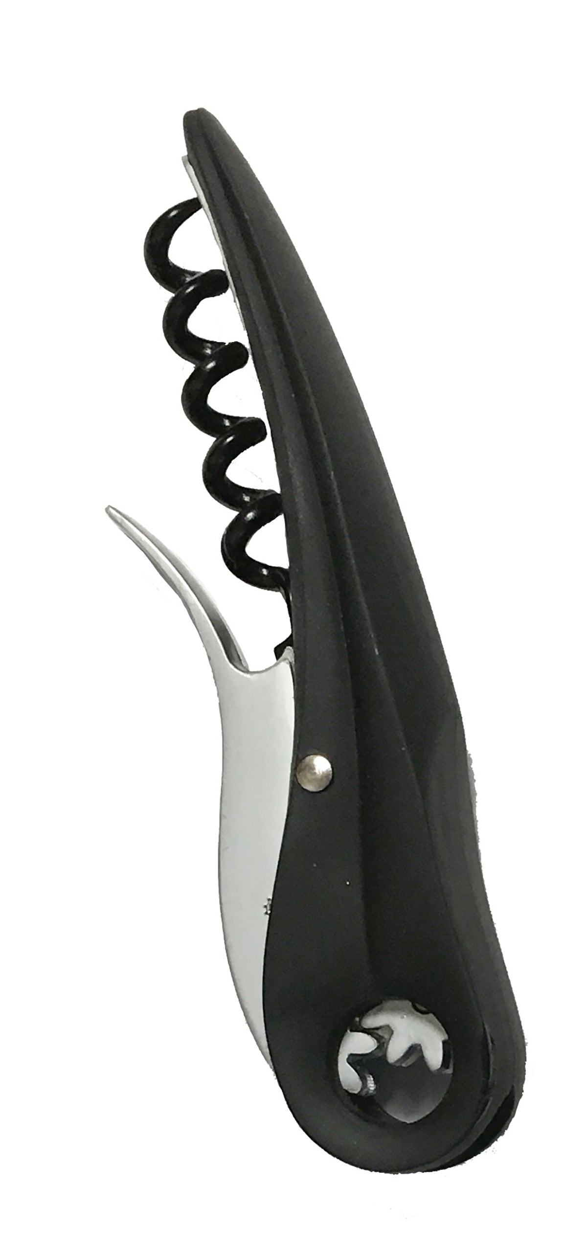 A black and silver waiter’s corkscrew wine opener with a curved handle, metal spiral, foil cutter, and hinged lever. The rounded handle features a small metallic accent, and the opener is shown closed on a white background.