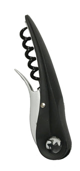A black and silver waiter’s corkscrew wine opener with a curved handle, metal spiral, foil cutter, and hinged lever. The rounded handle features a small metallic accent, and the opener is shown closed on a white background.