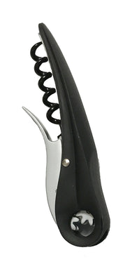 A black and silver waiter’s corkscrew wine opener with a curved handle, metal spiral, foil cutter, and hinged lever. The rounded handle features a small metallic accent, and the opener is shown closed on a white background.