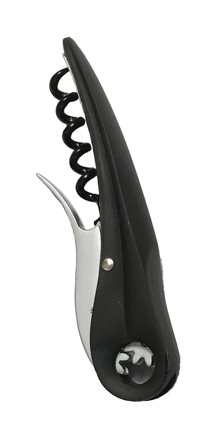 A black and silver waiter’s corkscrew wine opener with a curved handle, metal spiral, foil cutter, and hinged lever. The rounded handle features a small metallic accent, and the opener is shown closed on a white background.