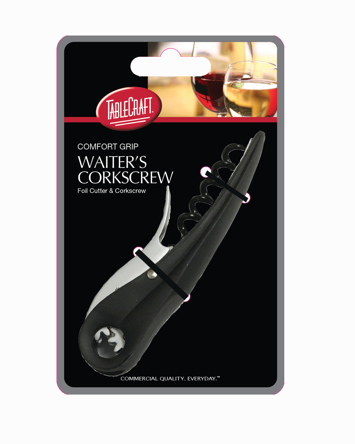 A black waiter’s corkscrew by TableCraft is displayed in its packaging, which highlights the comfort grip handle and built-in foil cutter. The packaging features the brand name, product details, and a photo of two wine glasses.