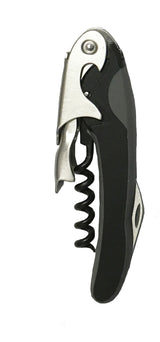 A black and silver waiter’s corkscrew, shown upright, features a fold-out spiral, double hinged corkscrew lever, and integrated foil cutter—all in a sleek, modern design set against a white background.