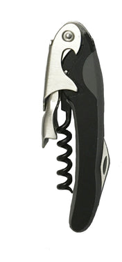 A black and silver waiter’s corkscrew, shown upright, features a fold-out spiral, double hinged corkscrew lever, and integrated foil cutter—all in a sleek, modern design set against a white background.