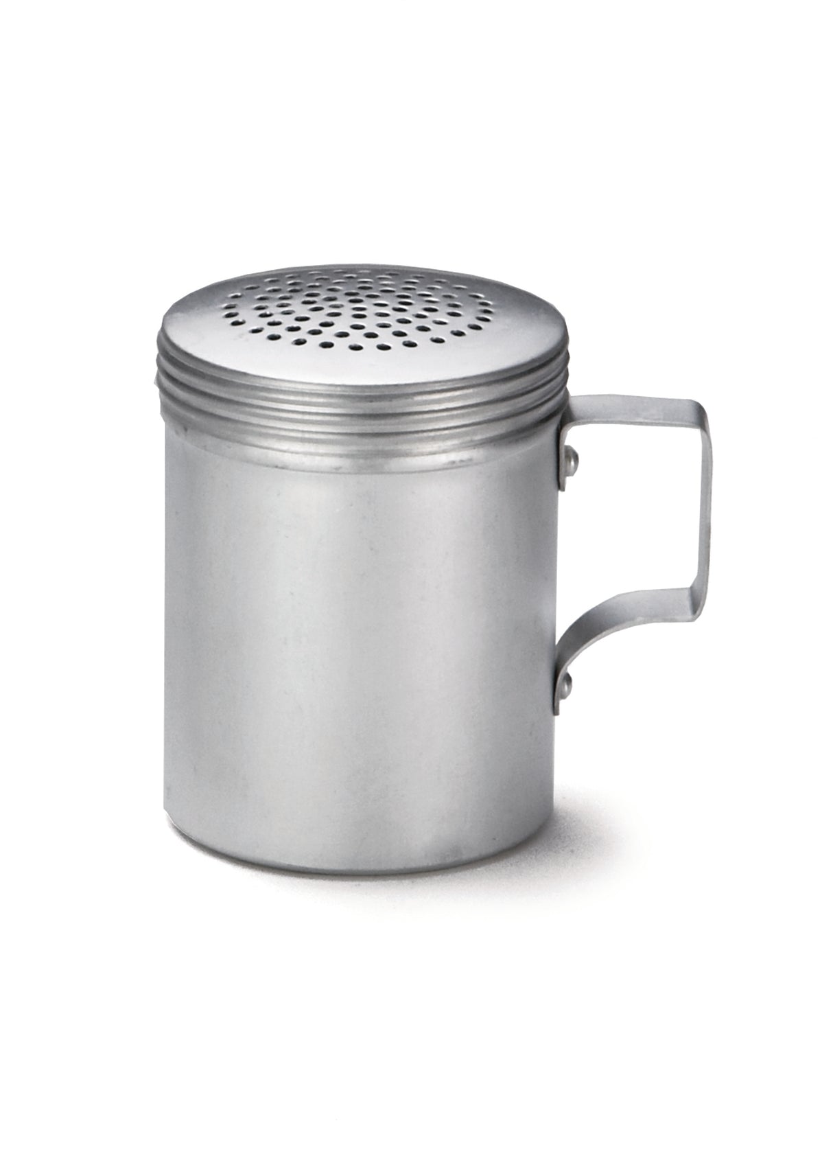 This handled dredge features a cylindrical aluminum body, flat base, and side handle. The lid has multiple small holes for easy sprinkling. The plain, unmarked aluminum dredge is photographed against a white background.