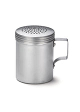 This handled dredge features a cylindrical aluminum body, flat base, and side handle. The lid has multiple small holes for easy sprinkling. The plain, unmarked aluminum dredge is photographed against a white background.