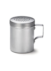 This handled dredge features a cylindrical aluminum body, flat base, and side handle. The lid has multiple small holes for easy sprinkling. The plain, unmarked aluminum dredge is photographed against a white background.
