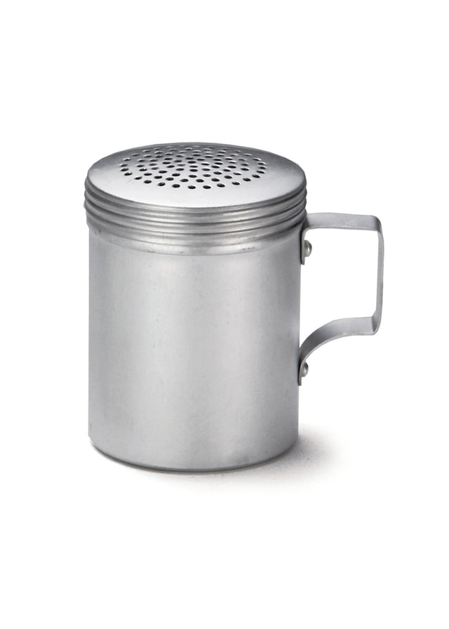 This handled dredge features a cylindrical aluminum body, flat base, and side handle. The lid has multiple small holes for easy sprinkling. The plain, unmarked aluminum dredge is photographed against a white background.