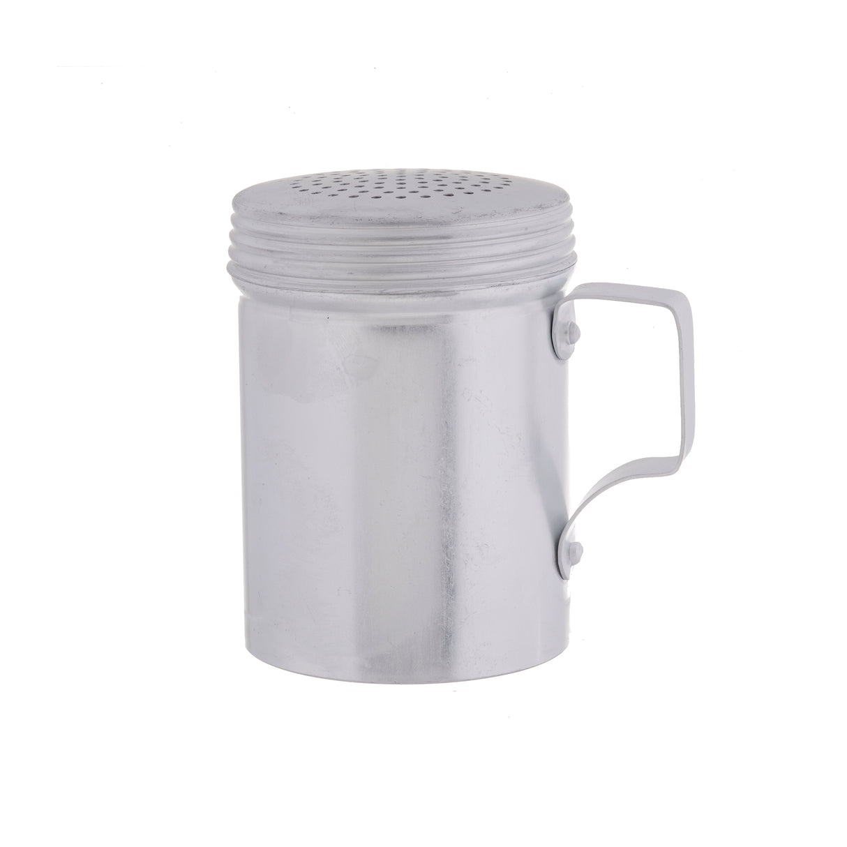 A silver aluminum dredge with a cylindrical body, flat lid featuring multiple small holes, and a simple handle, shown against a plain white background—perfect as a handled dredge like the TableCraft H158.